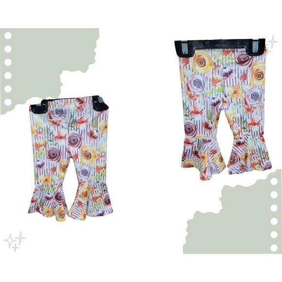 Baby Girls Floral Bell-Bottom Pants 3-6 Months Boutique Striped Ruffle Leggings - Picture 1 of 4